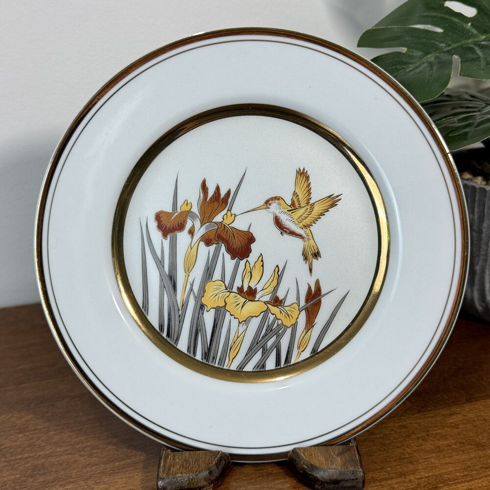 Vintage Japan Collector Plate Hummingbird Iris Flowers Gold Trim Decorative Dish